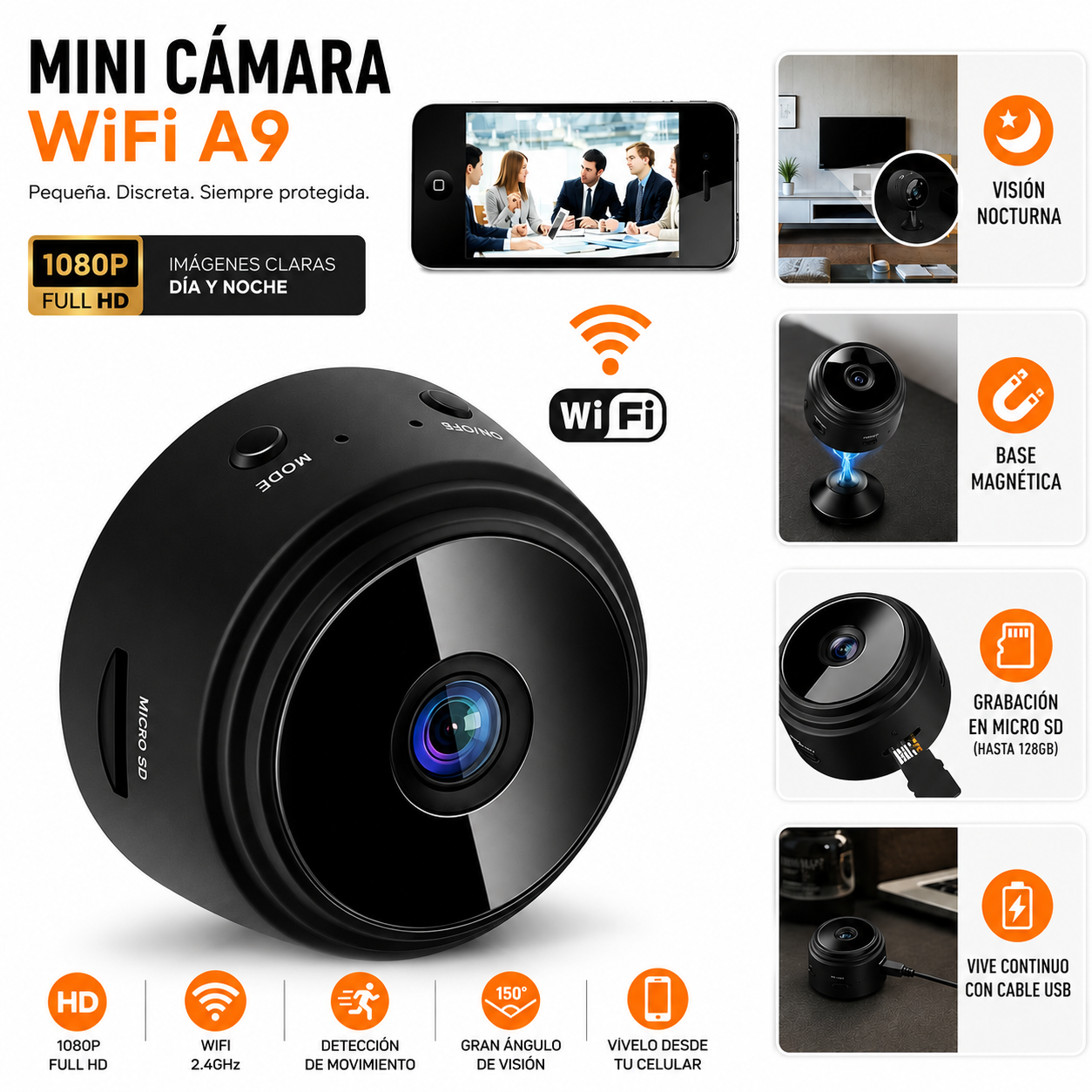 Mini Cámara WiFi A9 HD 1080P